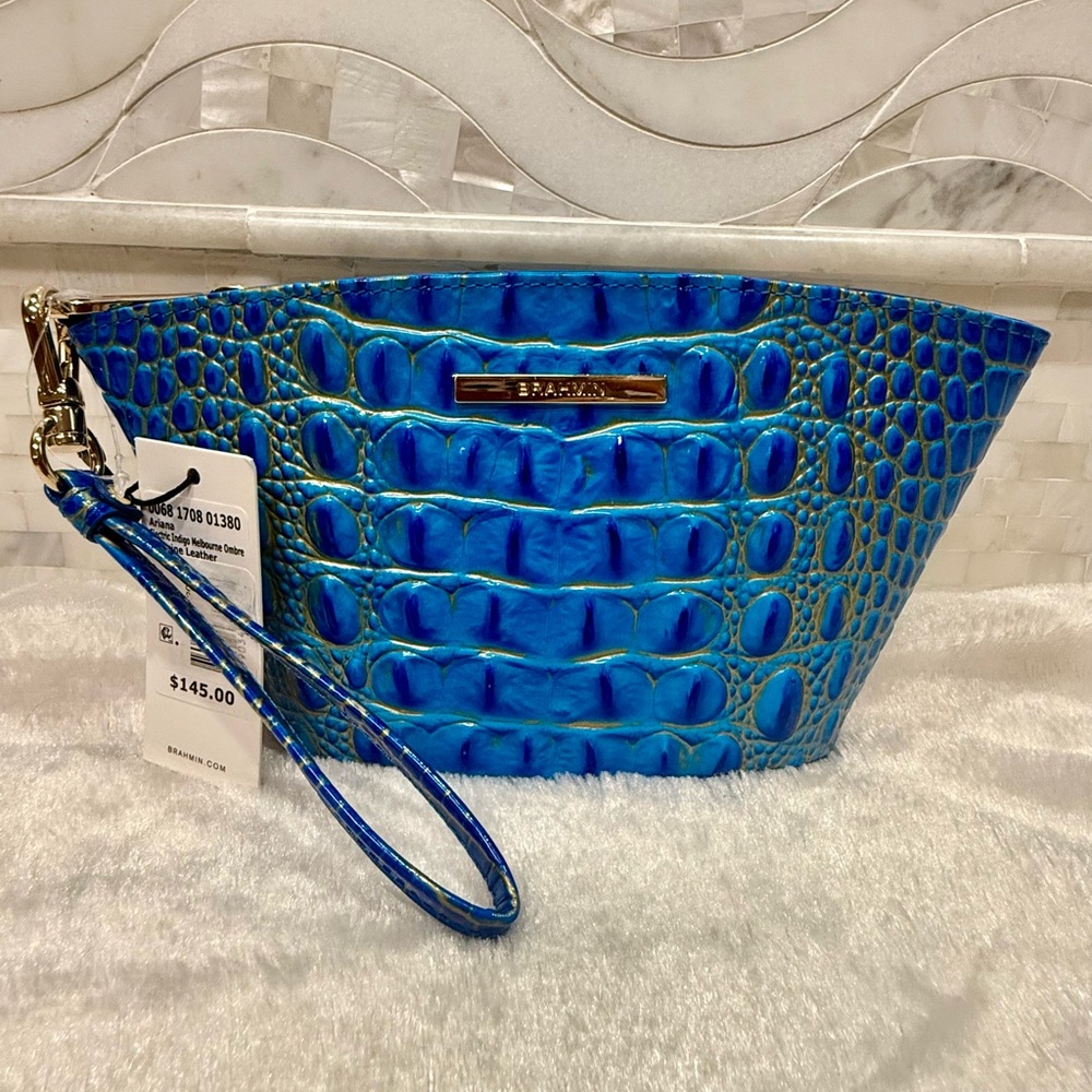 NWT Brahmin Electric Indigo Ariana Vibrant Blue Embossed Wristlet